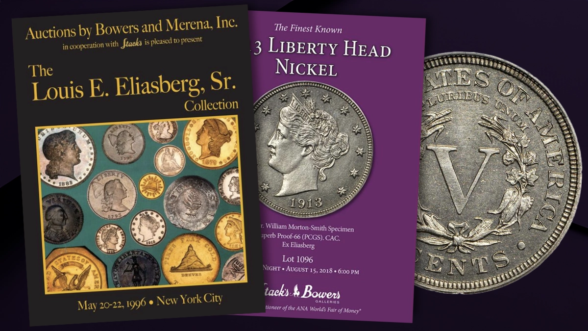 An illustration of rare coin auction catalogs and the 1913 nickel.