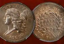 1793 Flowing Hair Half Cent. This example is one of the finest known.