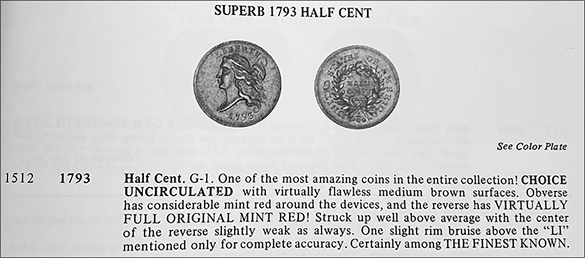 The Leo A. Young example 1793 half cent lot listing from Rarcoa's Auction '80 sale.