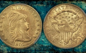 1807 Capped Bust Quarter Eagle graded CACG MS62. Image: Heritage Auctions / CoinWeek.