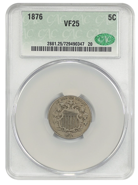 1876 Shield Nickel graded CAC VF25. Image: David Lawrence Rare Coins.