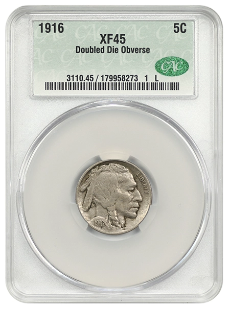 1916 Buffalo nickel Doubled Die Obverse graaded XF45 by CAC. Image: David Lawrence Rare Coins.