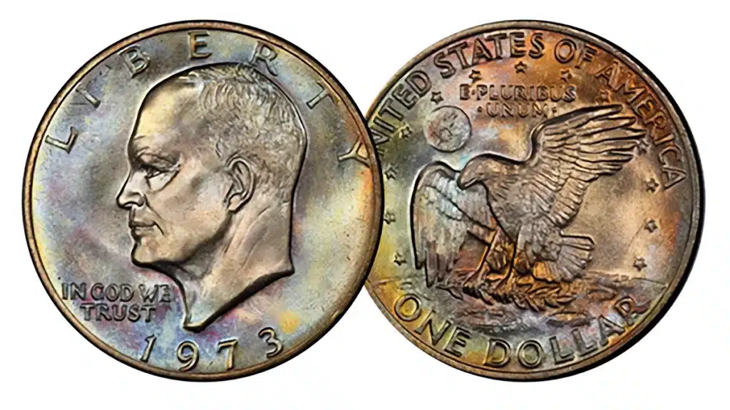 This toned 1973 Eisenhower Dollar is one of the finest-known and most valuable examples of the date.