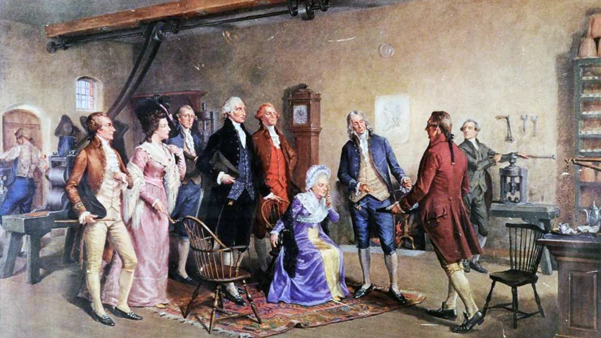 Washington Inspecting the First Money Coined by the United States by John Ward Dunsmore.