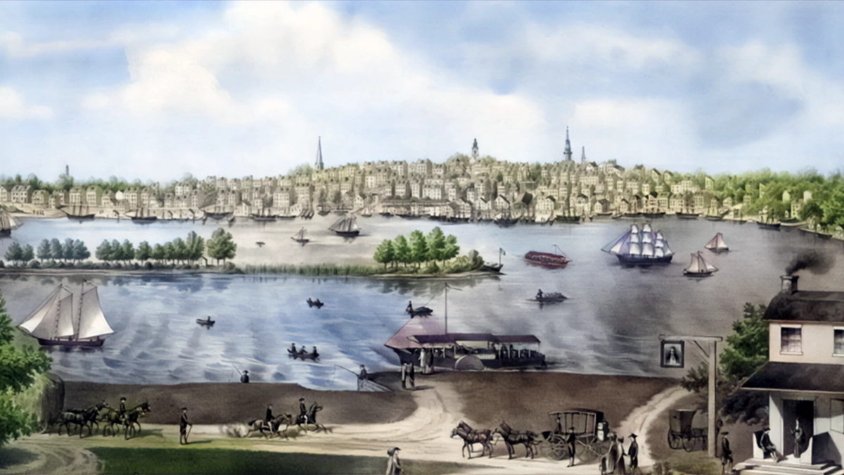 Illustration of Philadelphia in the late 18th century. Image: Library of Congress / colorized by CoinWeek.