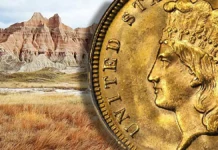 Three Dollar Gold Coin against a western mountain landscape. Image: CoinWeek.