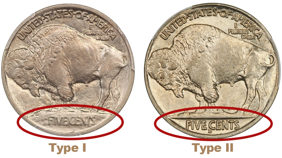 A side-by-side comparison of the Type I and Type II Buffalo nickel reverses. Image: CoinWeek.