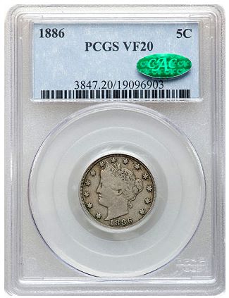 1886 Liberty Head Nickel graded PCGS VF20 CAC.