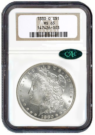 This is a photograph of an 1880-O Morgan dollar in an NGC holder.