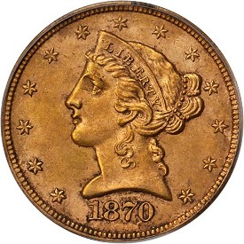 1870-CC Half Eagle is PCGS graded MS-61 and has a CAC sticker