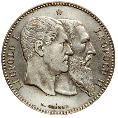 Silver coin of the Latin Monetary Union featuring a jugate portrait of Leopald I and II.