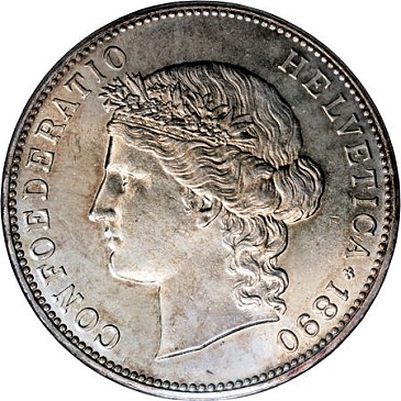 Swiss silver coin of the Latin Monetary Union dated 1890.