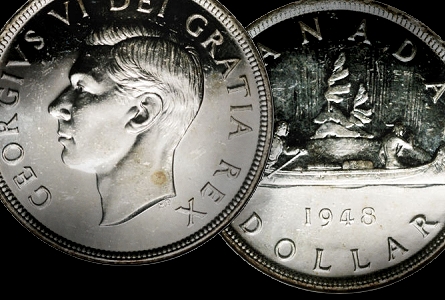 This is an image of a Canadian silver dollar from 1948.