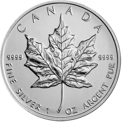 This is an image of the reverse of a Canadian Silver Maple Leaf.