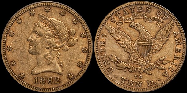 1892-CC $10.00 PCGS EF40 CAC