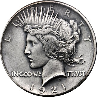 Lot 13166. 1921 Peace Silver Dollar. High Relief. Sandblast or Matte Finish, Antiqued. Specimen-64 (PCGS). Ex: Raymond T. Baker Estate.
