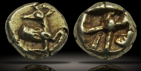 IONIA, Ephesos. Electrum 1/24th stater. ca. 625-600 BCE, 6mm, 0.6g. Forepart of a stag with head facing left.