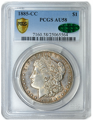 A photograph of an 1885-CC Morgan dollar graded PCGS AU58 CAC.