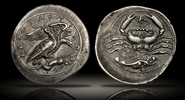 Ancient Greek Coins - Eagles of Akragas - Obol (Silver, 0.79 g), c. 410-406 BCE.