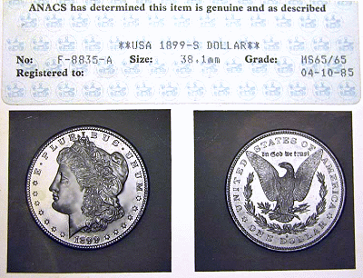 ANACS grading insert of an 1899-S Morgan dollar graded in April 1985.