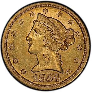 1854-S $5 PCGS AU58+