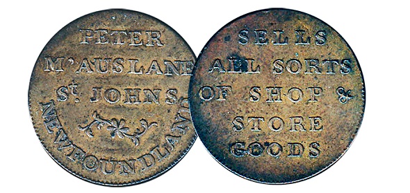 1844 McAuslane token, St. John's, Newfoundland