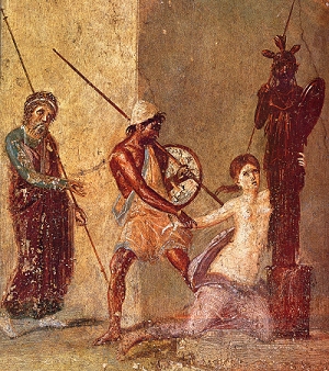 Ajax the Lesser drags Cassandra from Temple of Athena at TROY. Detail from a Roman fresco in Pompeii.