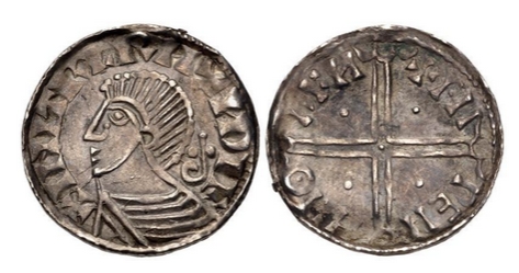 Hiberno-Norse. Sihtric III Olafsson. Circa 995-1036. AR Penny (17mm, 1.17 g, 3h). Phase II Coinage, Long Cross type, blundered legends. Uncertain mint signature and moneyer. Struck circa 1018-1035. Draped bust left; inverted crozier (bishop's crook) behind / Voided long cross, with triple crescent ends; pellet in each angle. O'S Type 3; SCBI 32 (Ulster), 112 (same dies); SCBC 6125A.  