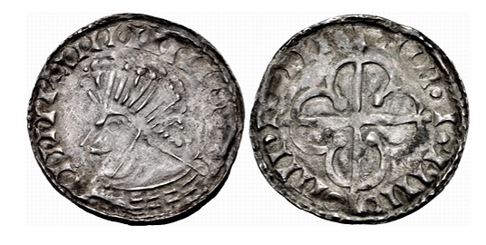 Hiberno-Norse. Circa 1110-1150. AR Penny (20mm, 0.83 g). Phase VII (semi-bracteate) coinage, 'Scrabo' with Quatrefoil type. Uncertain mint signature and moneyer. IIII+IIIIIIII[...], bust left / · IIII · · IIIIO OIIII · IIII ·, quatrefoil over long cross. O'S 65; SCBI 8 (BM) 251–2; D&F 33; SCBC 6191. Good VF. Very rare.  