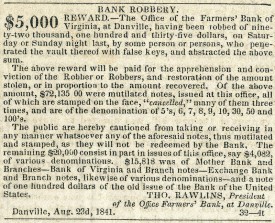 Reward Notice for 1841 Danville, VA Bank Robbery