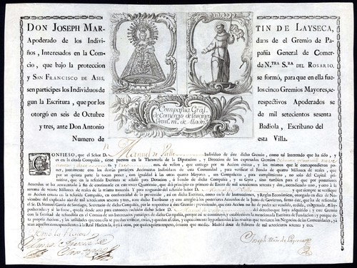Compania General de Comercio de los Cinco Gremios Mayores certificate for one share, 1773