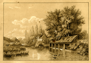 Charcoal and Pencil drawing of scenic river scene ca. 1850-60's by Laubenheimer