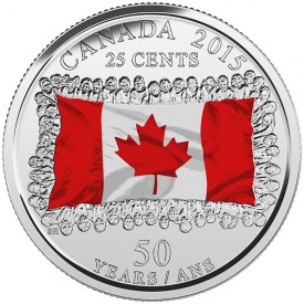 colorized 25-cent circulating  coin commemorating the 50th anniversary of the Canadian Flag