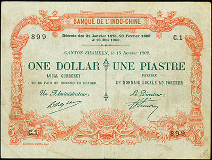 Obverse, 1902 Banque de L’Indo-Chine One Piastre. Canton-Shameen branch 