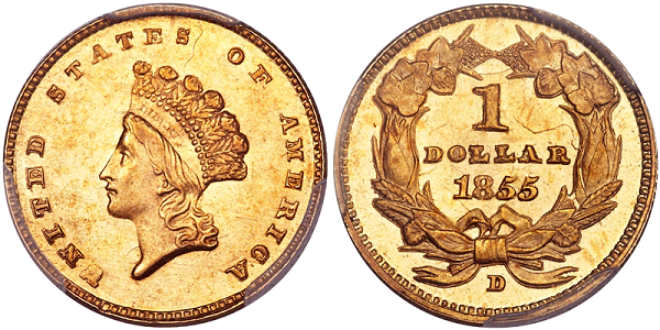 1855-D $1.00 PCGS MS64 CAC