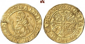 Albrecht Alcibiades, 1541-1554. Gold gulden 1549, Schwabach. Only specimen known to be in private possession. Very fine