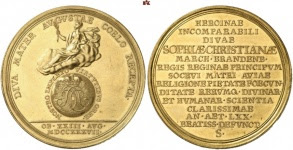Sophie Christiane of Wolfstein, +1737 Gold medal of 25 ducats 1737. Only 7 gold specimens struck. Extremely fine
