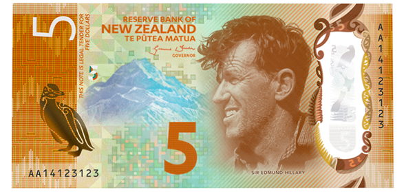 front, New Zealand 2015 "Brighter Money" Series 7 $5 Banknote