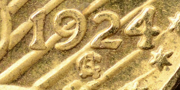 Counterfeit 1924 Saint-Gaudens Double Eagle Diagnostic: raised lumps and mirrored fields