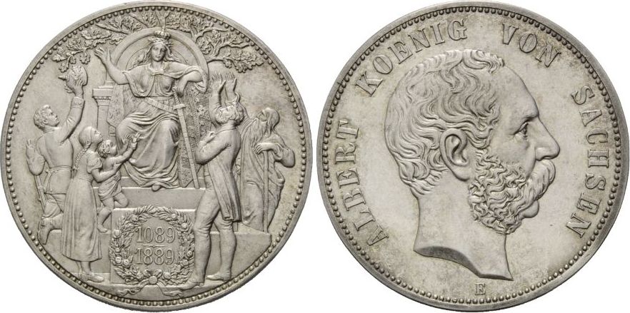 SAXONY: 800th Anniversary House of Wettin 5 Mark Silver Coin, 1889 E