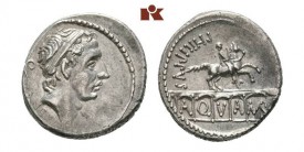Lucius Marcius Philippus. Diademed head of Ancus Marcius r., behind, Lituus//Equestrian statue r. above aqueduct, flower below horse. Gens Marcia.