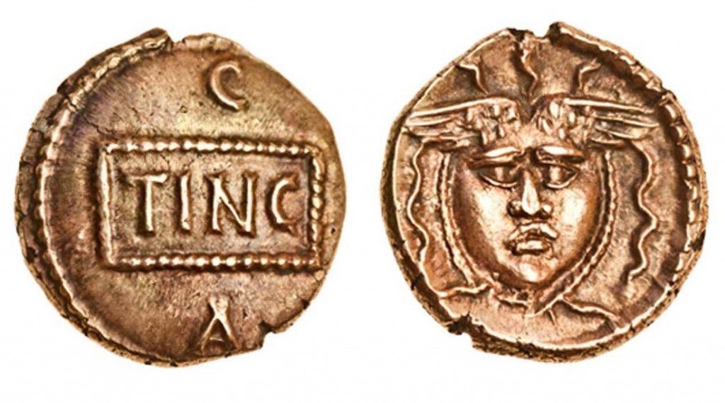 Celtic coin: Medusa-type gold stater, Atrebates and Regni under <b>Tincomarus</b>, (c. 20 BC-AD 10)