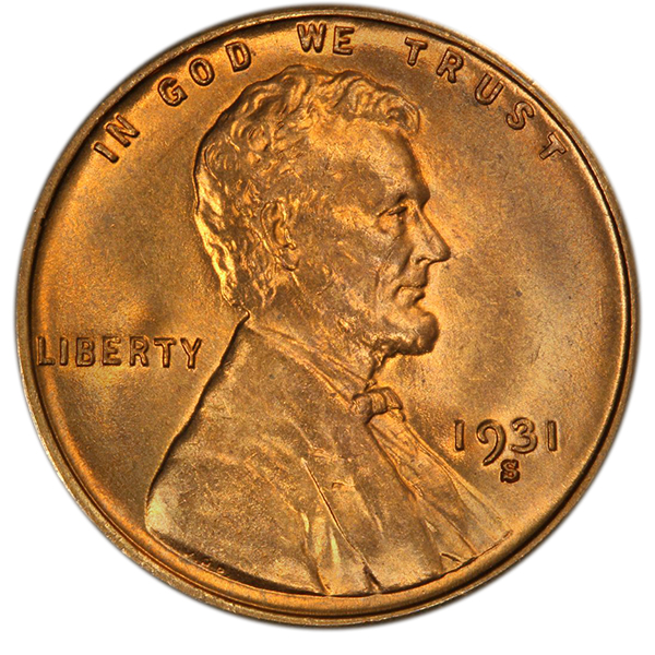 The obverse design of a Mint State 1931-S Lincoln Cent