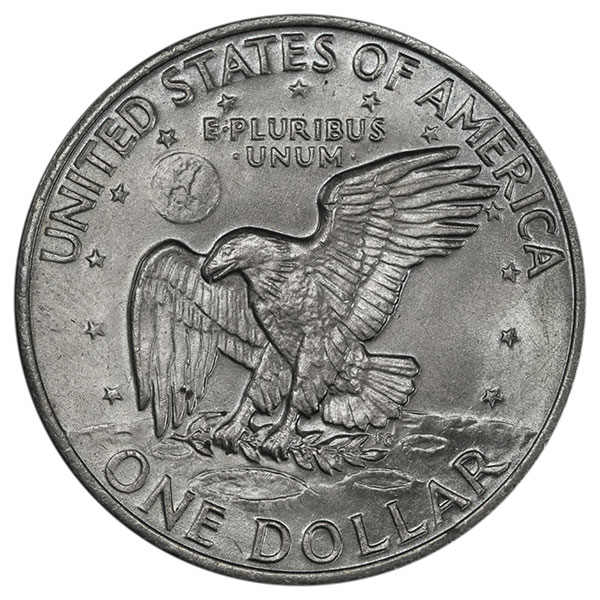 The reverse of a 1972 Type 2 Eisenhower Dollar.