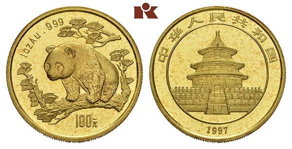 China 1997 100-yuan 1oz .999 fine gold panda, Courtesy Künker GmbH and MA-Shops.com