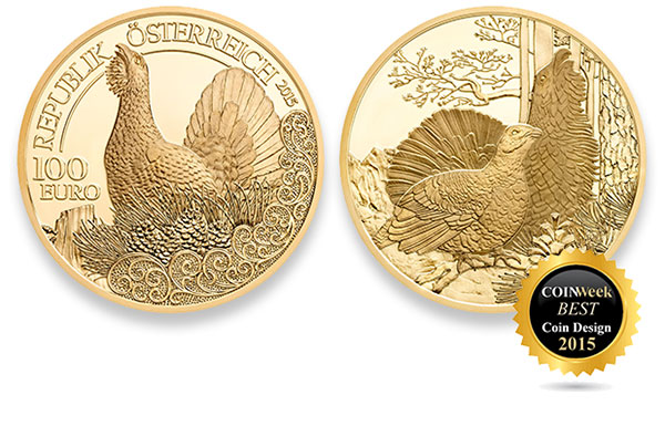 CoinWeek Best Coin Design of 2015: Capercaillie 100 Euro Gold Coin - Austrian Mint