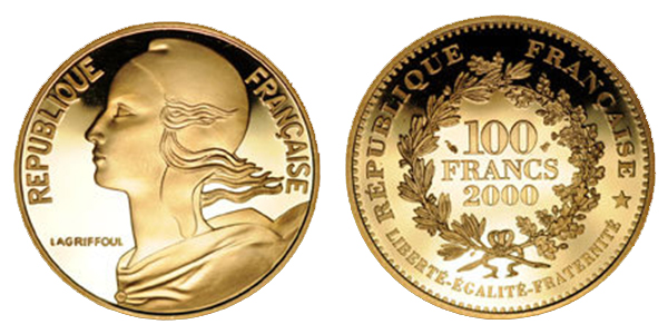 France 2000 5th Republic (1959- ) Marianne 100-franc gold coin. Courtesy Poinsignon Numismatique and MA-Shops