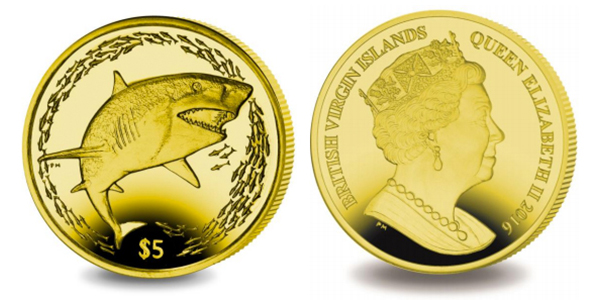 British Virgin Islands 2016 Lemon Shark $5 Yellow Titanium coin, Pobjoy Mint