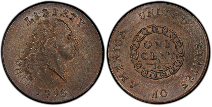 1793 Flowing Hair Cent. Sheldon-3. Rarity-3-. Chain, AMERICA. No Periods. Mint State-65 RB (PCGS). Courtesy Stack's Bowers Galleries, Pogue III Sale