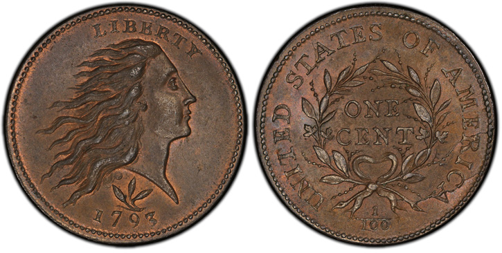 1793 Flowing Hair Cent. Sheldon-9. Rarity-2. Wreath. Vine and Bars Edge. Mint State-67 RB (PCGS). Courtesy Stack's Bowers Galleries, Pogue III Sale